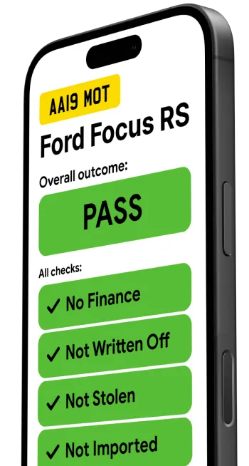 Smartphone screen displaying a vehicle check for a Ford Focus RS with the registration 'AA19 MOT.' The overall outcome is marked as 'PASS' in green, with additional checks confirming 'No Finance,' 'Not Written Off,' 'Not Stolen,' and 'Not Imported,' all highlighted with green checkmarks.