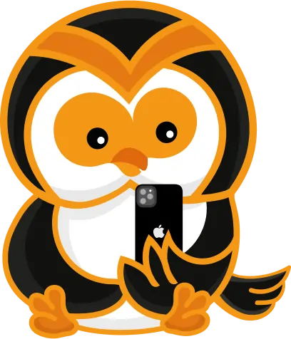 Cartoon owl mascot with orange and black feathers holding a black iPhone featuring the Apple logo, representing a tech-savvy and friendly design.