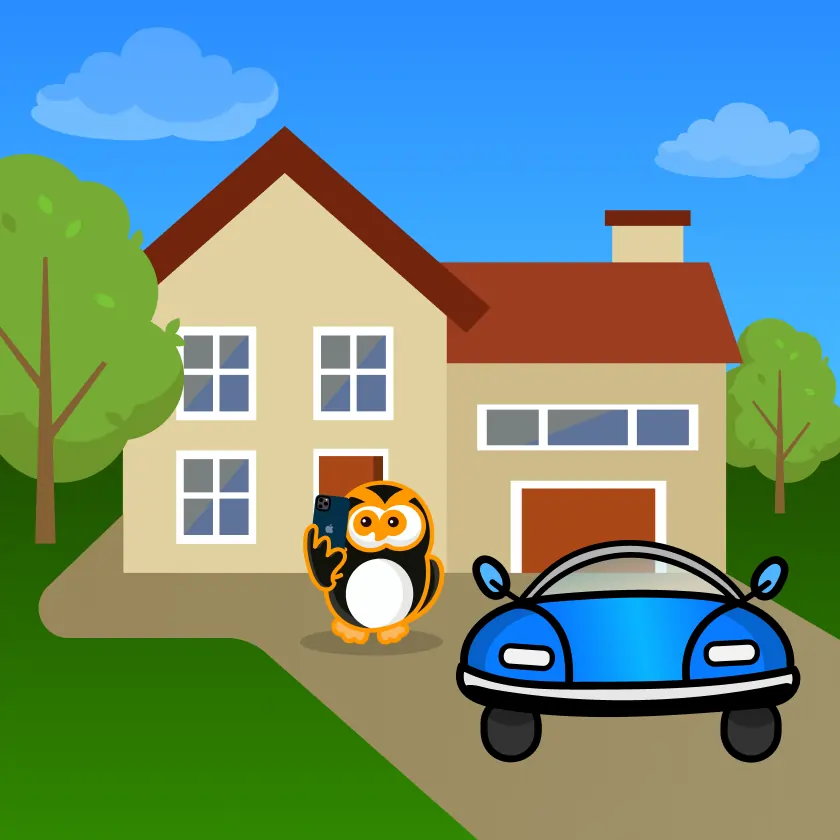 Cartoon owl taking a photo of a blue car ub front of a row of Victorian-style houses