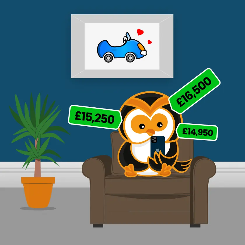 Cartoon owl sitting in an armchair, holding a phone, with a potted plant beside it and a picture of a blue car on the wall in the background