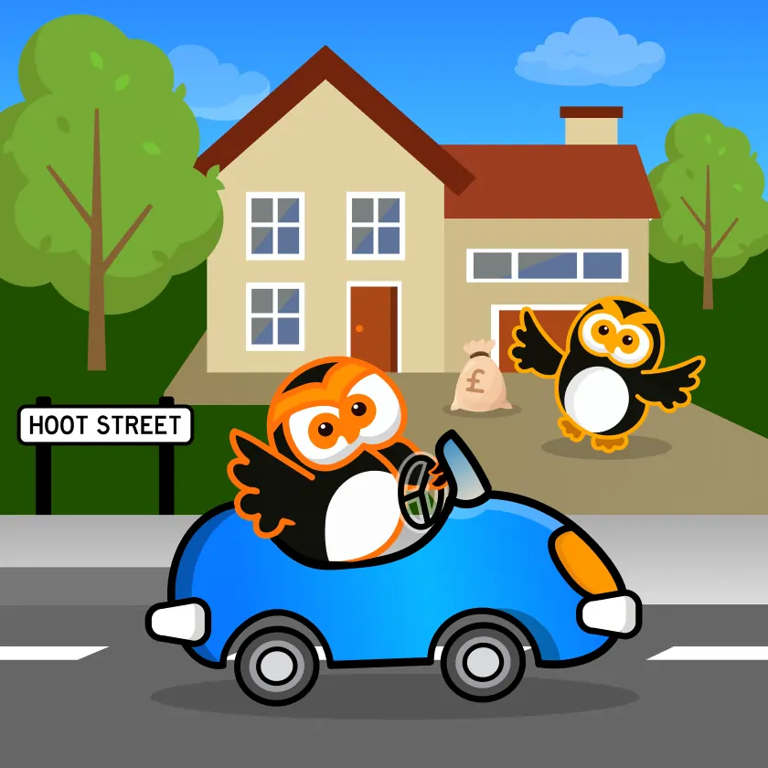 Illustration of two cheerful orange and black cartoon owls, one driving a blue car and the other waving outside a house with a bag of money nearby. The setting features a street labelled 'Hoot Street', trees, and a clear blue sky.